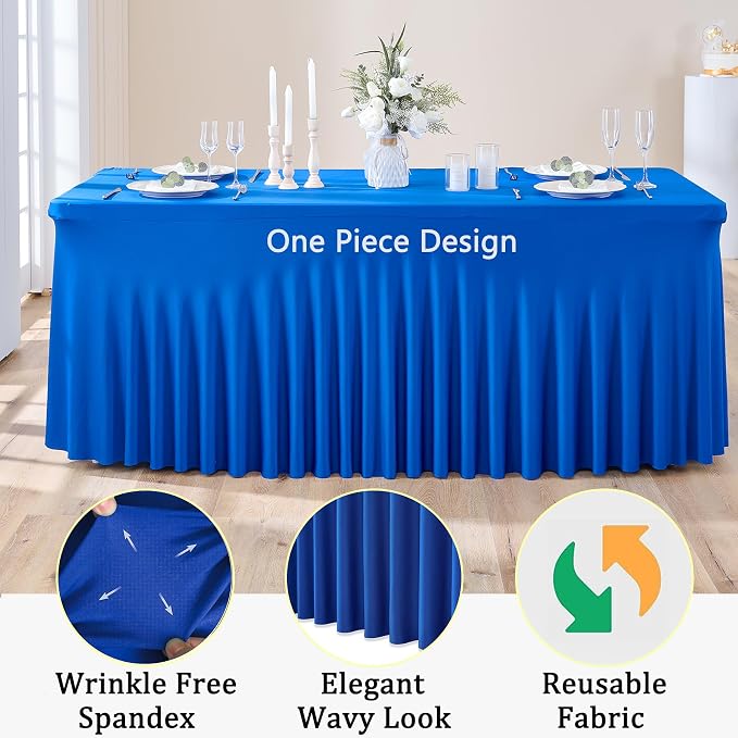 4 Pack Spandex Royal Blue Tablecloths for 6 Foot Rectangle Tables, Wrinkle Free Fitted Table Cloths 6ft Stretchy Table Clothes for Parties Weddings Birthday Banquet Baby Shower