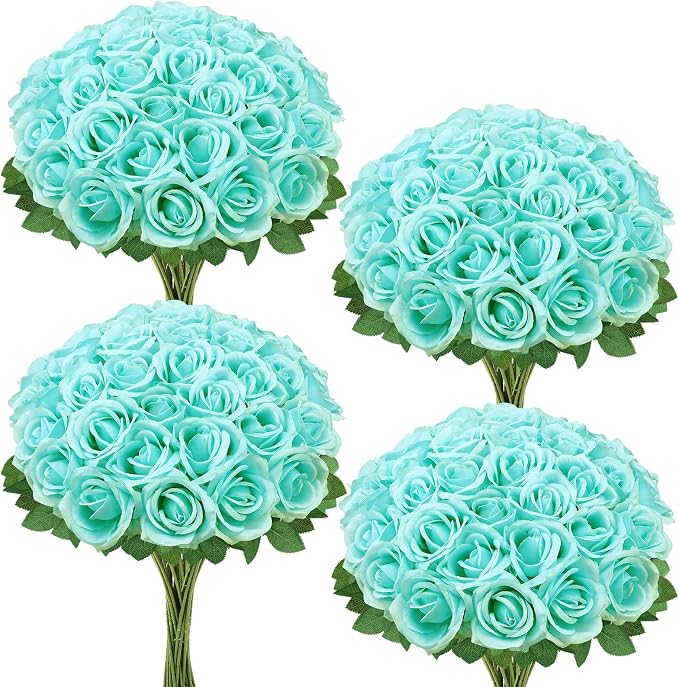 36 Pcs Turquoise Artificial Roses with Long Stems, Fake Silk Rose Artificial Flowers Bulk for Bridal Wedding Bouquet Centerpiece Ball Arrangement Party Decor