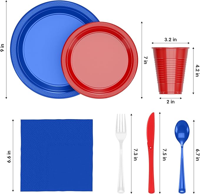 350 Pcs Patriotic Plastic Plates For Party, Patriotic Disposable Plates Set, 50 Of Each 9" Dinner Plate Set, 7" Dessert Plate, Cups, Napkins & Cutlery Plastic Dinnerware Set Exquisite