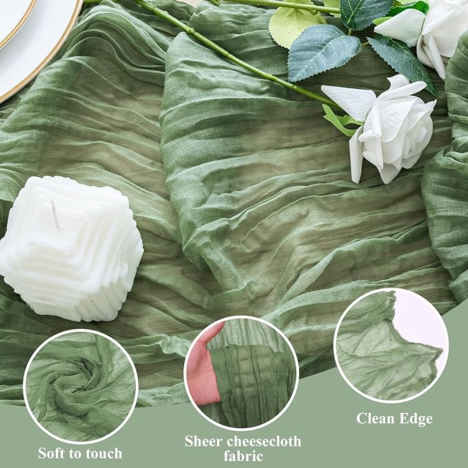 12PCS Table Runner Cheesecloth 10FT Sage Green Boho Gauze Cheese Cloth Rustic Sheer Table Runners for Wedding Bridal Baby Shower Party Decoration