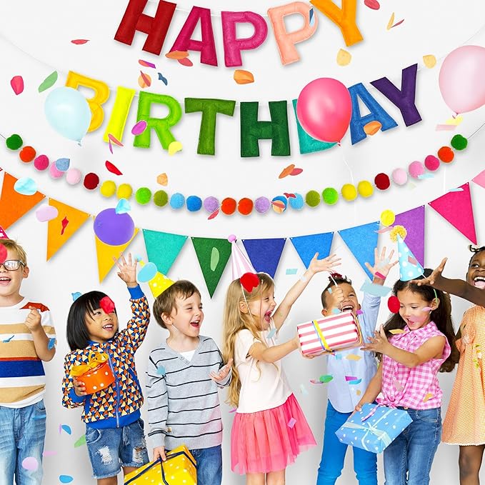 CANREVEL Pre-Strung 3D Rainbow Happy Birthday Banner, 3 PCS Happy Birthday Felt Sign, Pom Pom Garland, Triangle Fabric Bunting, Colorful Reusable Birthday Decorations for Women Men Girls Boys, Multi