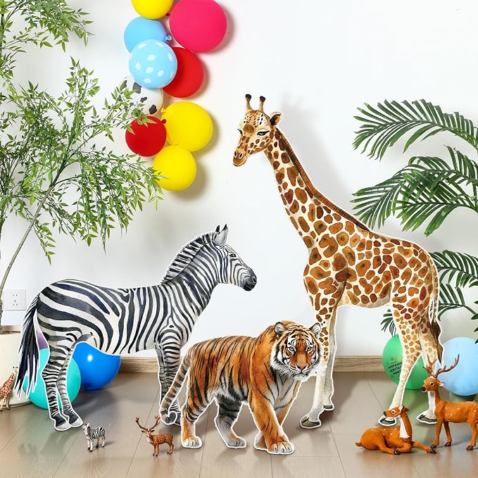 Amyhill 3 Pcs Jungle Safari Animal Cardboard Cutout Standup Life Size Safari Birthday Party Decorations Tiger Giraffe Zebra Cardboard Cutouts for Baby Shower Birthday Party Photo Backdrop Favors