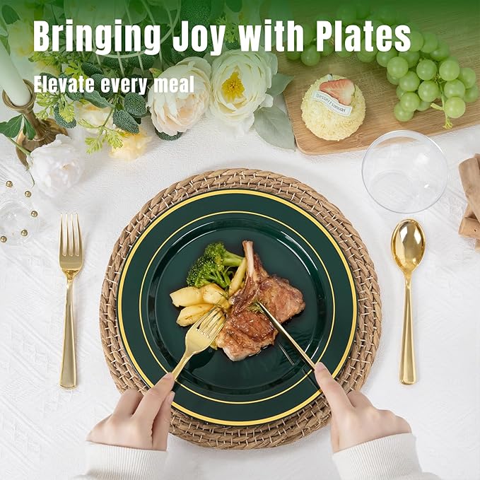 WDF Partyware 350PCS Green and Gold Plates - Green Plastic Plates 50Guests Plastic Plate with Rolled Napkins for Party/Birthday