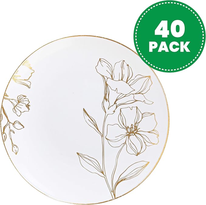 [6'' Plates 40 Count] White Plastic Floral Design Party Plates With Gold Rim Premium heavyweight Elegant Disposable Tableware Dishes