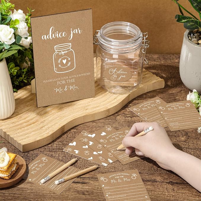 Jetec 74 Pcs Advice and Wishes for the Mr and Mrs 60 Pcs Wedding Advice Cards Advice and Wishes Jar Box Bridal Shower Advice and Wishes Cards for Bride and Groom Bridal Shower Decor(Kraft Style)