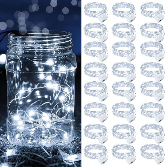 24 Pack White Fairy Lights Battery Operated, 7ft 20 LED Mini String Twinkle Lights for Christmas Halloween Easter Mason Jars Centerpiece Table Decorations (24, White)