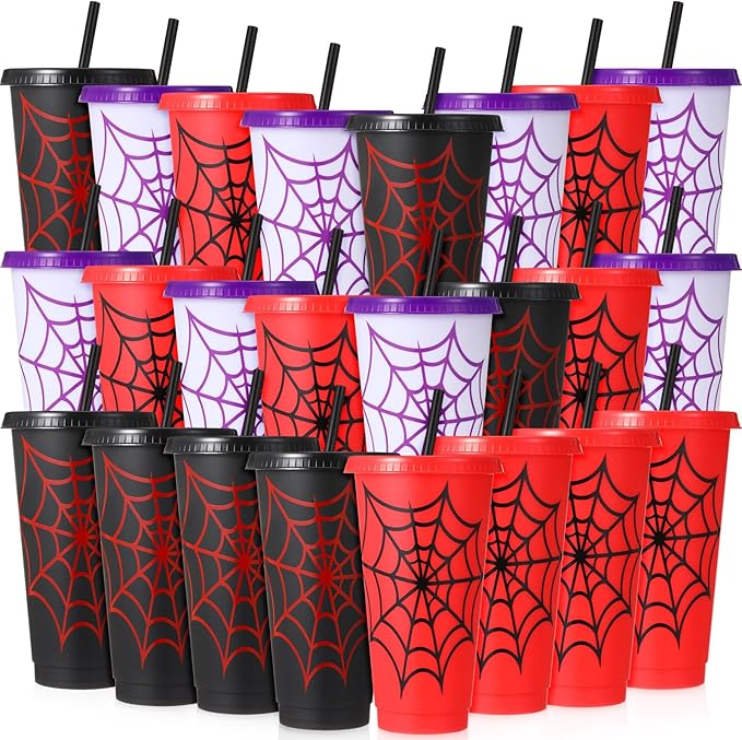 Newtay 24 Pieces Spider Cups with Straws and Lid - 24 Oz Reusable Plastic Spider Web Tumbler Red Black Blue Cups Bulk for Cartoon Birthday Baby Shower Party Favors Decoration Supplies