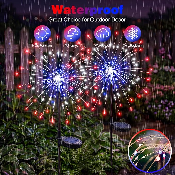 btfarm 4th of July Decorations Outdoor 4 Pack 120LED, Red White Blue Firework Lights Solar Powered, Waterproof Patriotic Garden Light for Independence Day Memorial Day Yard Pathway Lawn Decor