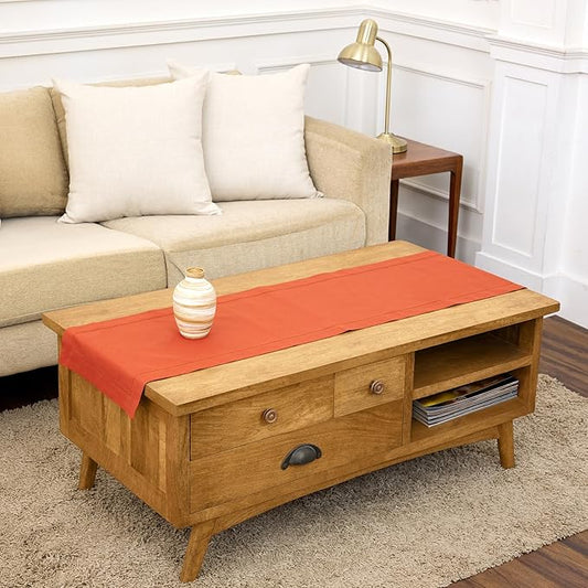 Solino Home Cotton Linen Table Runner 60 Inches - Burnt Orange Hemstitch Table Runner 14 x 60 Inch Ideal for Dresser and Coffee Tables