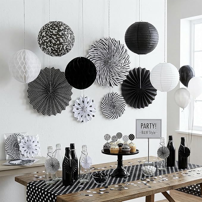 Retisee 18 Pcs Composition Classroom Decoration Kits Black and White Composition Hanging Paper Lanterns Paper Fans Honeycomb Balls Decor for Graduation End of Year School Classroom Supplies