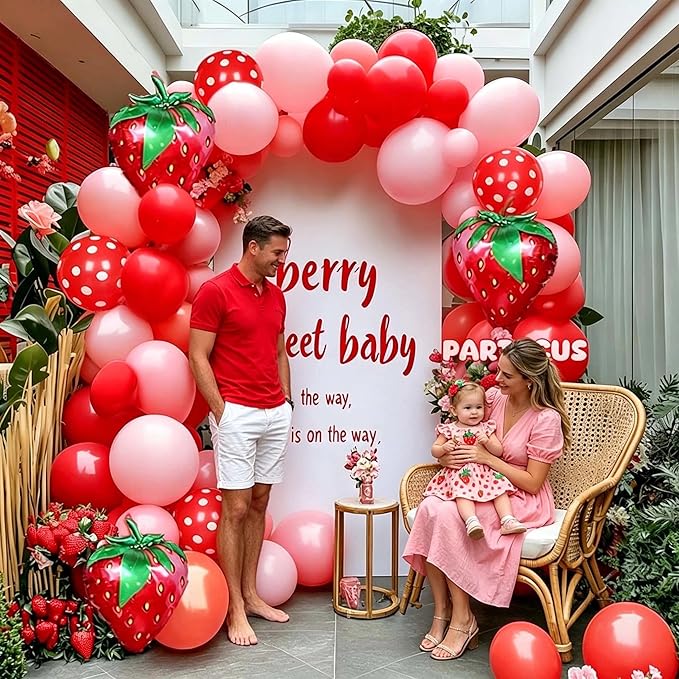 Strawberry Balloon Arch Kit Double Stuffed, Pastel Red Baby Pink Coral Balloon Garland with 18in Strawberry Foil for Berry First Birthday Baby Shower Sweet Mothers Day Wedding Party
