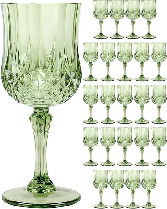 Plastic Wine Glasses Set, 7oz Vintage Goblets Shatterproof Unbreakable Reusable & Disposable, Drinking Glasses with Stem, for Wedding Outdoor Dinner Easter Party (24pcs, Green)