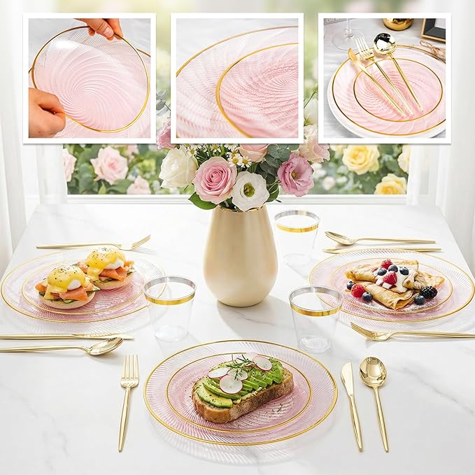 N9R 180 PCS Disposable Dinnerware Set with Gold Rim for 30 Guests, Pink Plastic Plates Include 30 Dinner Plate, 30 Dessert Plates, 30 Cups, 90 Heavy Duty Gold Plastic Silverware for Party & Wedding