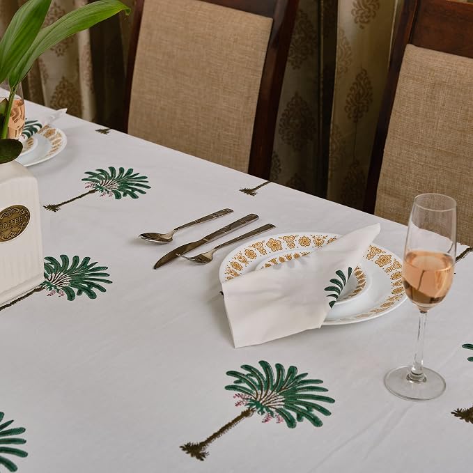 Ridhi Green Palm Hand Block Print Cotton Rectangle Tablecloth 120" x 80" inches Reusable Table Cover Decorative Everyday Use for Dining Room, Farmhouse, Home Gift for Spring, Mother's Day