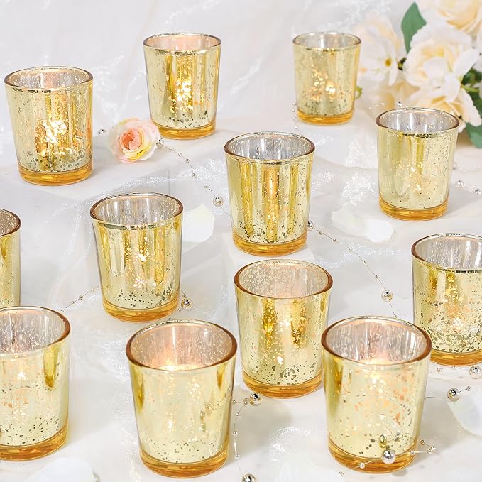 UPBUD Gold Votive Candle Holders Set of 24, Speckled Mercury Candle Holders for Wedding Gold Centerpiece Table Decorations, Tealight Candle Holder for Party Bridal Shower Decor, Home Decor