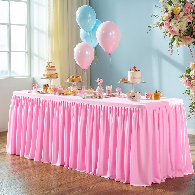 PARTISKY 1 Pack Pink Spandex Table Clothes for 6 Foot Rectangle Tables, 6FT Wrinkle Free Fitted Tablecloths Ruffles Table Cover with Skirt for Baby Shower Birthday Party Banquet Wedding and Events