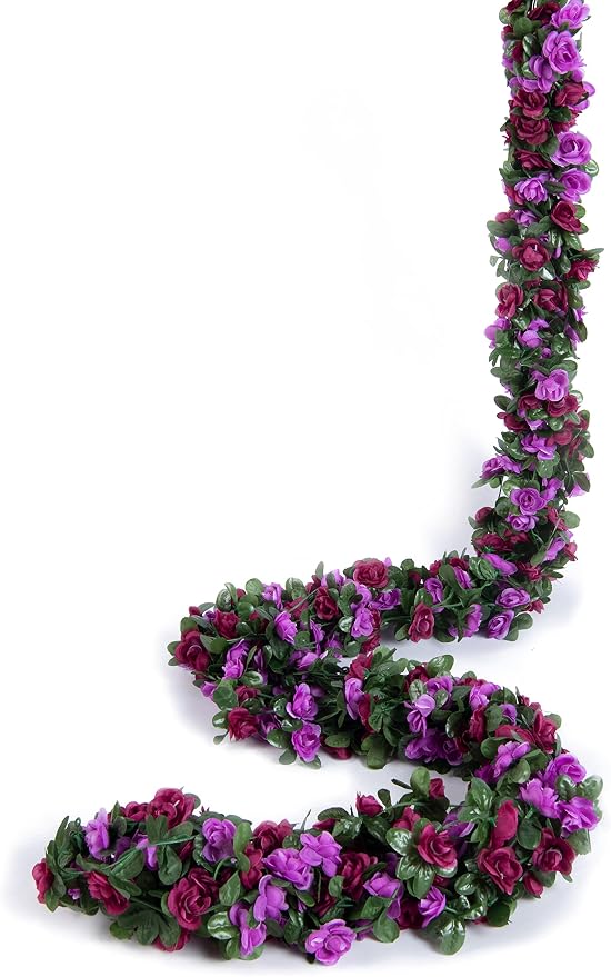 PONKING 8 Pcs x 8.2 ft Flower Garland Artificial Rose Vine Flowers with Green Leaves Hanging Fake Roses Vine for Room Party Home Wedding Birthday Christmas Wall Arch Decor, Spring Purple Flower