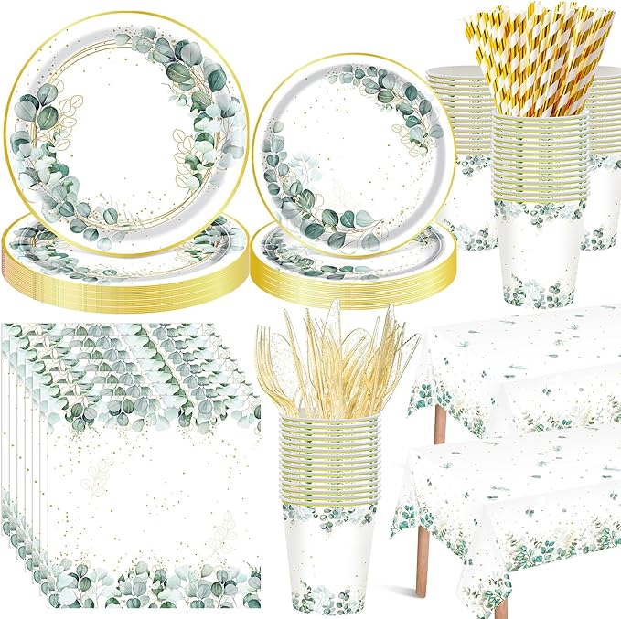 Funnymoom 452 Pcs Eucalyptus Leaf Party Supplies Decorations Include Sage Green Paper Plates Napkins Cups Tablecloth Cutlery Straws for Baby Shower Birthday Bridal Shower Wedding Party