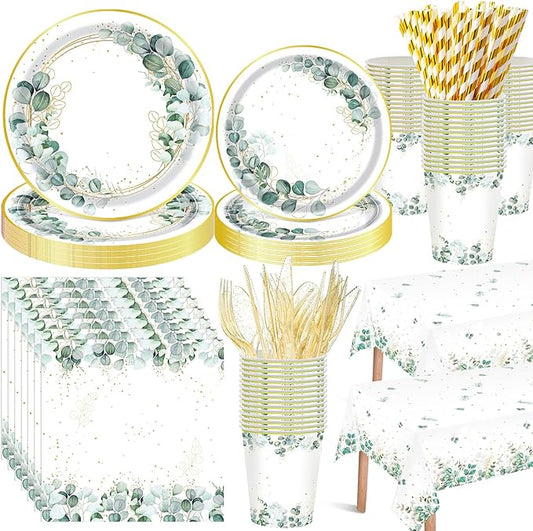 Funnymoom 452 Pcs Eucalyptus Leaf Party Supplies Decorations Include Sage Green Paper Plates Napkins Cups Tablecloth Cutlery Straws for Baby Shower Birthday Bridal Shower Wedding Party
