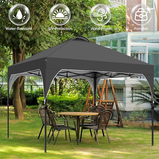 GDY 10x10 Pop Up Canopy Tent, Easy-Setup Gazebo, Outdoor Canopy with 3 Adjustable Heights for Events, Parties, Camping, Black.