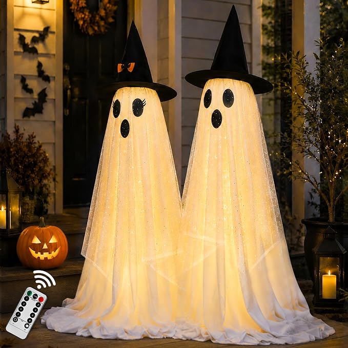 2Packs Halloween Decorations Outdoor,Halloweens Party Decoration Indoor,Spooky Ghost with Remote Control String Lights,Halloween-Ghost Lights for Porches Yards Gardens Lawn