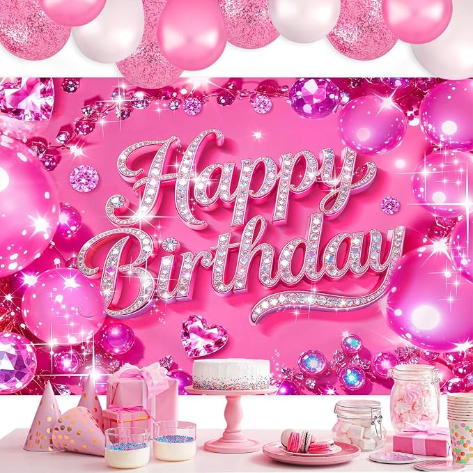 Happy Birthday Backdrop 5Wx3H Feet Polyester Fabric Hot Pink Bling Diamond Glitter for Women Girls Decoration Modern Party Supplies Photography Background Photo Shoot Props