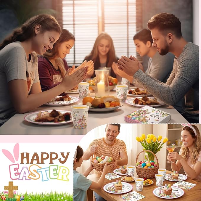 Vesici 150 Pcs He is Risen Oval Paper Plates and Napkins Christian Easter Tableware Set 10'' x 12'' Large Disposable Heavy Duty Religious Easter Plates Cross Paper Cups Napkin for Jesus Party Supplies