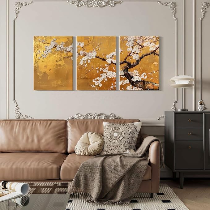 3 Pcs Framed Japanese Golden Plum Blossom Flower Wall Art Decor Canvas Print Picture Traditional Woodblock Print Style Farmhouse Poster Gallery Bedroom Living Room Office 12x16 Inch Ready to Hang