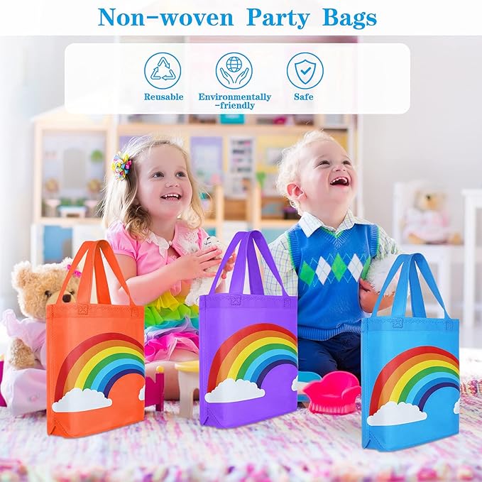 Aodaer 24 Pieces Rainbow Non-woven Gift Bags 9.8×9.8×3.1 Inch Party Favor Bags Reusable Goodie Bags Tote Treat Bags with Handles for Kids Birthday Wedding Party