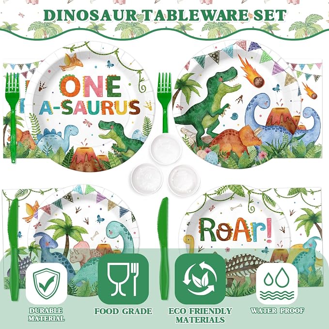 210 Pcs 1st Dinosaur Birthday Party Decorations Serves 24 ，First Rex Theme Dino Roar Party Supplies with Banner Hanging Plates Napkins Cups Forks Knives Tablecloth Topper Balloons for Boy Party