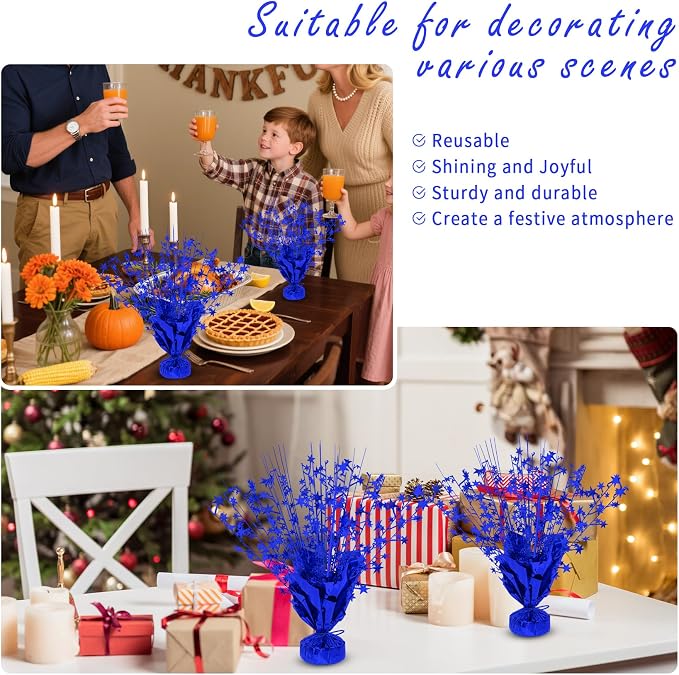 8 Pack Metallic Star Spray Centerpieces for Tables - Bulk 12.4" Foil Fountain Table Decorations for Large Events, Graduation 2026, Wedding Reception (Blue)