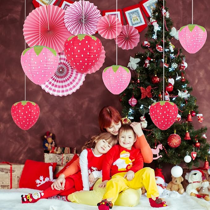 12 Pack Strawberry Paper Lanterns Paper Fan Party Decorations - Hanging Birthday Lantern Decor Fruit Themed Parties Strawberry Decorations Lanterns For Garden,Yard,Lawn,Etc.