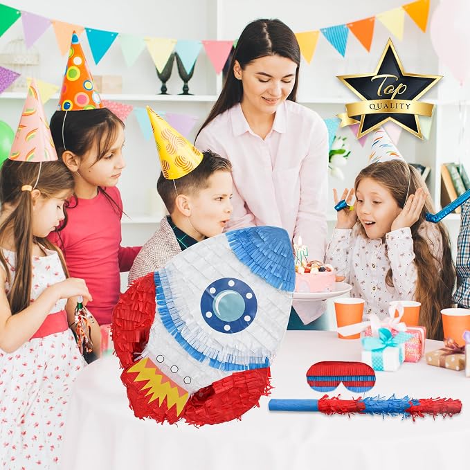 Rocket Pinatas Bundle with a Blindfold and Bat(16.5x11.4x4 Inches), Perfect for Boy's Birthday Party Supplies, Space Theme Birthday, Decoration for Kids Party