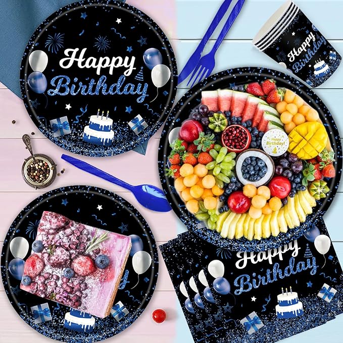 219Pcs Navy Blue Birthday Party Supplies Happy Birthday Party Decorations for Men Boys Blue Plates Napkins Cups Tableware Set Banner Tablecloth Confetti Balloons, Serves 24