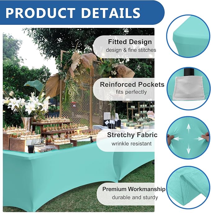 Stretch Table Cover for 4ft Rectangle Tables-8 Pack Aqua Blue Spandex Table Cloths with elastic-Folding Table for Party, Wedding, Vendor Booth Display, Banquet Buffet Event, Craft Trade Show