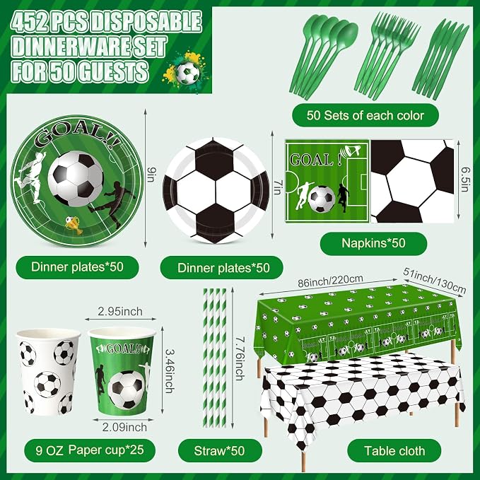 Potchen 452 Pcs Party Supplies Serve 50 Guests, Paper Plates Napkins Cups Cutlery Plastic Tablecloth Dinnerware for Birthday Wedding Party Decoration(Green, Soccer)