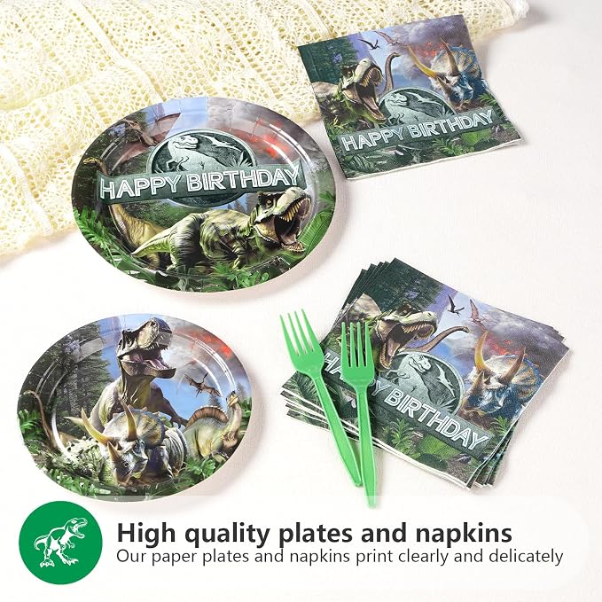 96Pcs Dinosaur Birthday Party Decorations Dinosaur Plates and Napkins Disposable Dino Paper Tableware Set for Dino Theme Jungle Birthday Baby Shower Party Supplies, Serves 24