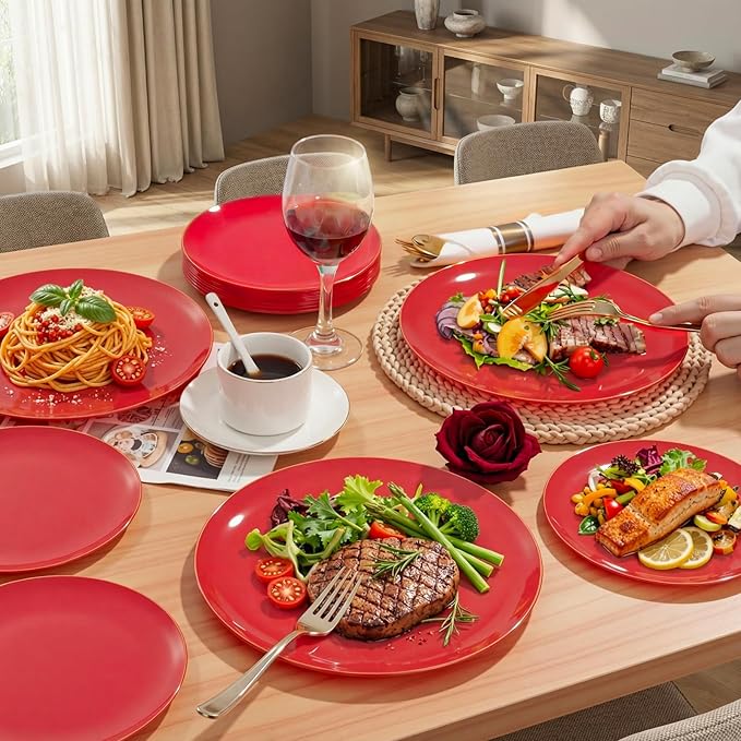 KIRE 350PCS Red Plastic Plates - Heavy Duty Red Plates Disposable - 50Guest Plastic Dinnerware Include 50Dinner Plate,50Dessert Plate,50Pre Rolled Napkins with Silverware for Wedding&Mother's Day