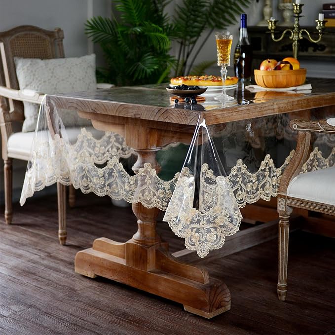 ARTABLE Vinyl PVC Rectangle Tablecloth Waterproof Clear Table Cover with Champagne Lace Macrame Border for Wedding Kitchen Home Outdoor Indoor Holidays Party Decor (Gold, 60 x 84 Inch)