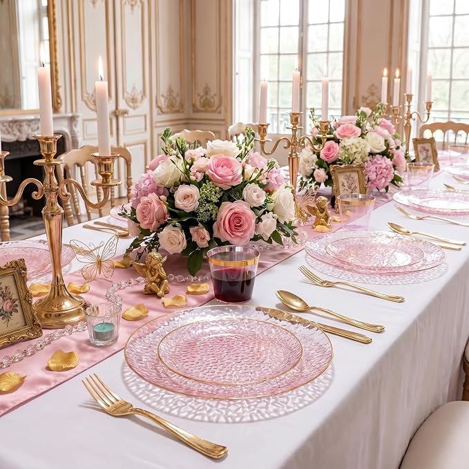 175PCS Pink Plastic Plates for 25 Guests, Disposable Plates for Party, Heavy Duty Disposable Plate Set Include: 25 Dinner Plates, 25 Dessert Plates, 25 Cups and Cutlery for Mother's Day