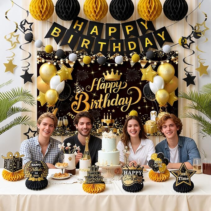 Happy Birthday Party Decoration Set: Including Birthday Banner Backdrop, Party Table Centerpieces and Hanging Swirl Party Streamers, Birthday Decor Suppliers for Men and Women (Black and Gold, Birthday Party)