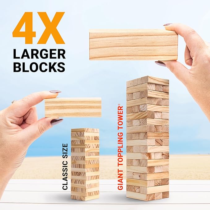 GoSports Giant Wooden Outdoor Stacking Game – Stacks Up to 3 ft – Large Toppling Tower with Case for Yard Games, Family Game Night, Camping, and Parties
