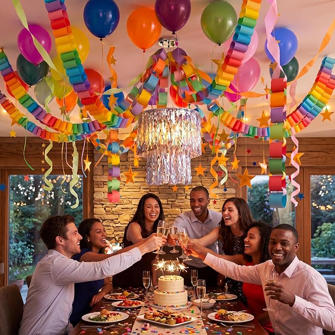 Blueweenly Fancy Princess Birthday Party Decorations Paper Chain Garland Strip Ceiling Party Classroom Decor Crepe Streamer Glitter Star Chandelier Balloons for Wedding Birthday(Rainbow,Large,5 Pcs)