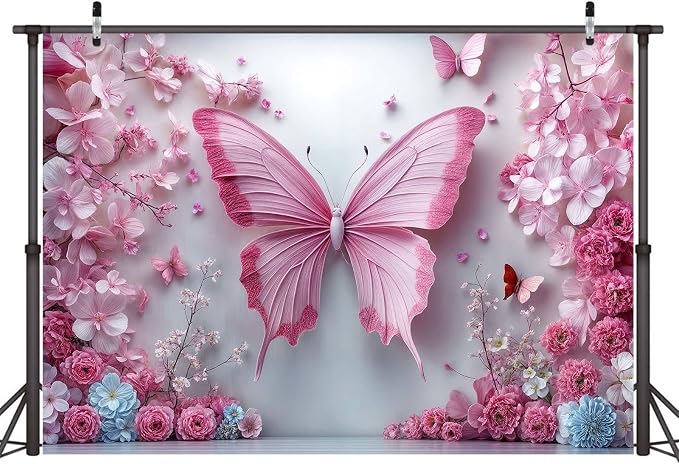 20x10ft Pink Butterfly Flower Backdrop for Photography Floral Wonderland Photo Background Baby Shower Birthday Bridal Shower Party Decors Newborn Girls Princess Portrait Photobooth Props