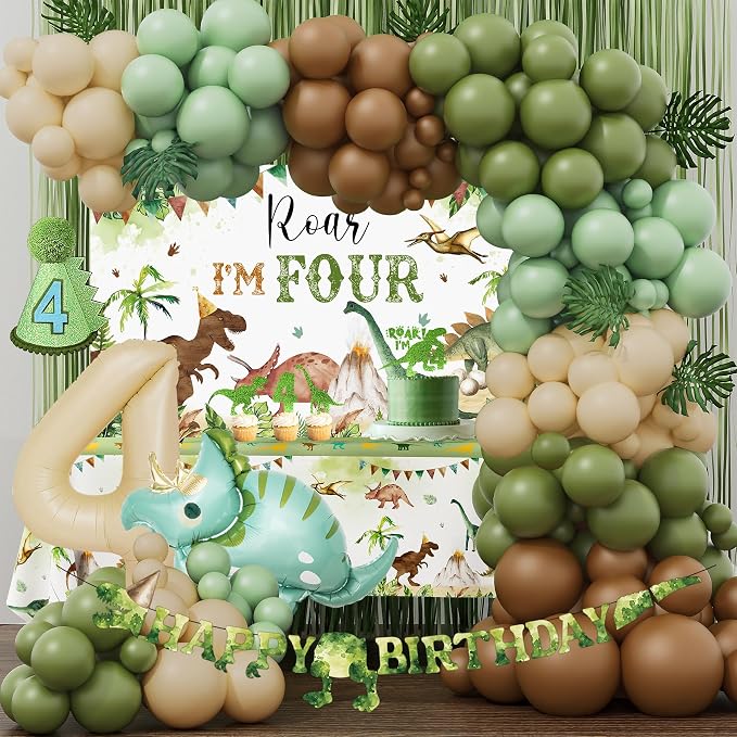 Dinosaur 4th Birthday Party Decorations, Roar I Am 4th Dinosaur Birthday Decoration, 4 Rex Party Supplies with Backdrop Tablecloth Fringe Curtain Balloon Arch Cake Topper Birthday Banner