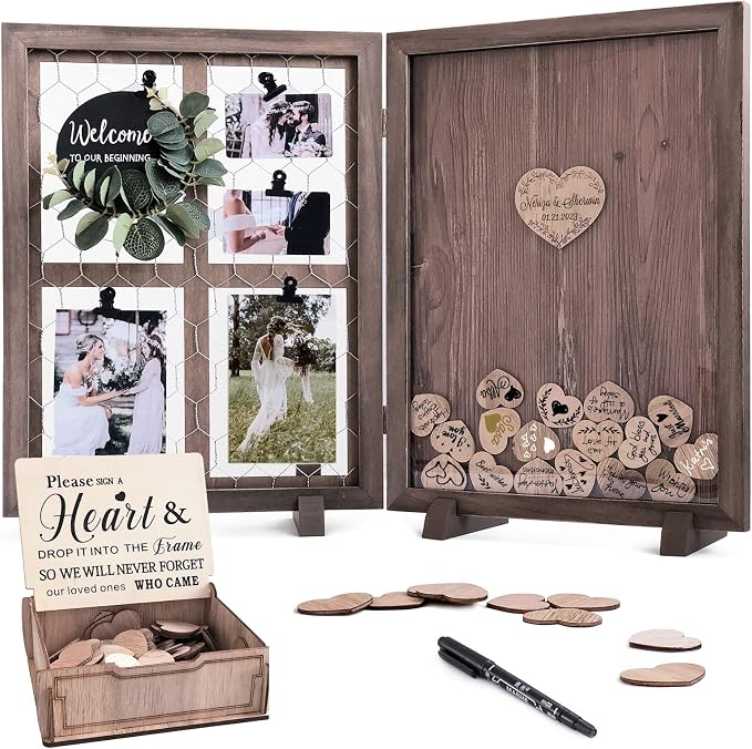 Y&K Homish Wedding Guest Book Alternative, Rustic Wedding Decorations for Reception, Favors for Guests 80 Hearts Green Wreath (Rustic Brown)