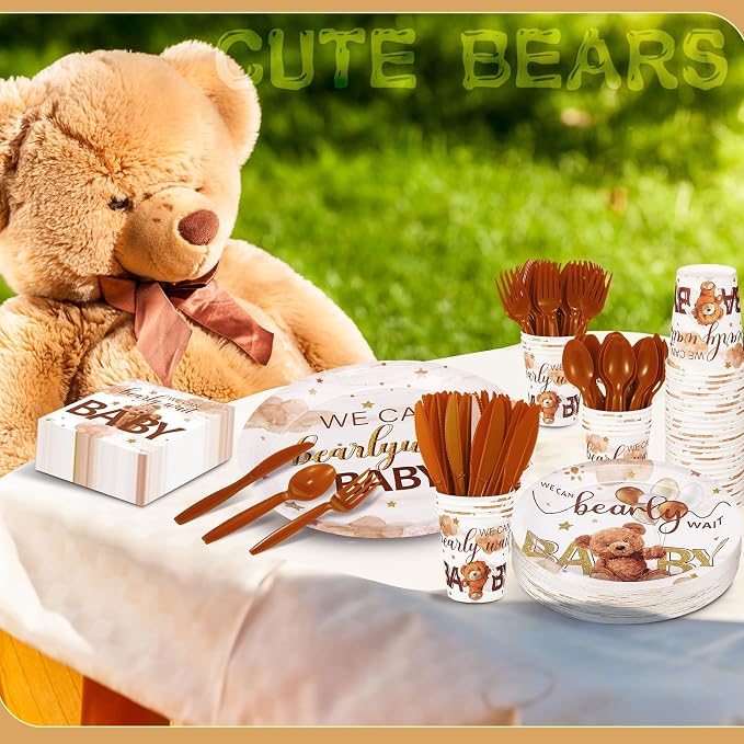 Dandat 350 Pcs Baby Shower Party Supplies Serves 50 Tableware Sets Include Plates Napkin Cup Forks Knives Spoons Disposable Dinnerware(Bear,Brown)