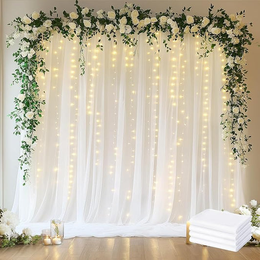 Fomcet Tulle Backdrop Curtains White 20FT X 10FT Tulle Curtains with Lights String Sheer Backdrop Curtain for Parties Wedding Baby Shower Photo Shoot Decorations (4 Panels 5x10FT)