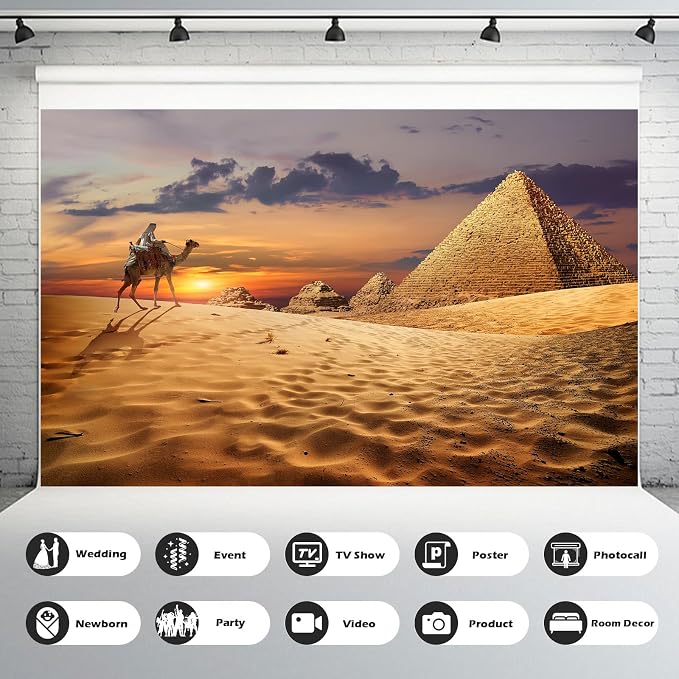Egyptian Pyramids Backdrop Camel Caravan and The Pyramids in The Sunset Desert Photography Background The Great Pyramids of Egypt Theme Background Decorations Photo Shoot Booth Props 7x5ft
