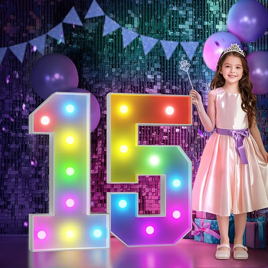 Marquee Numbers 15th Birthday Decoration: Colorful 3FT Large Light Up Quinceanera Birthday Decorations Anniversary Backdrop Cardboard Sign 18 Colors Number 15 Mosaic Balloon Frame